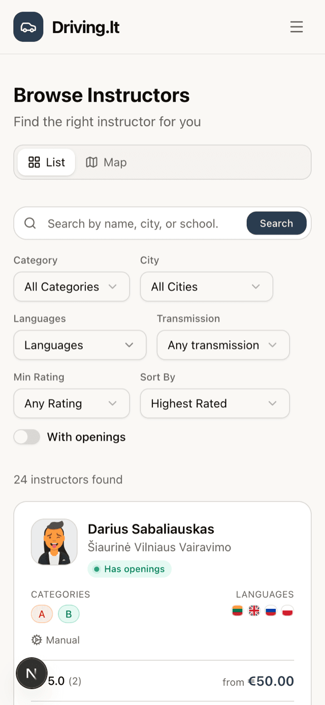 Driving.lt open full-screen as an installed app, showing the instructor list