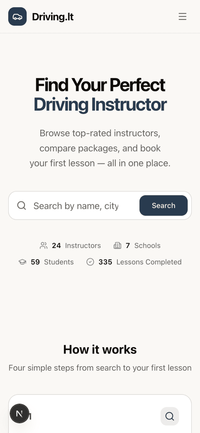 Driving.lt open on a phone, showing instructor search